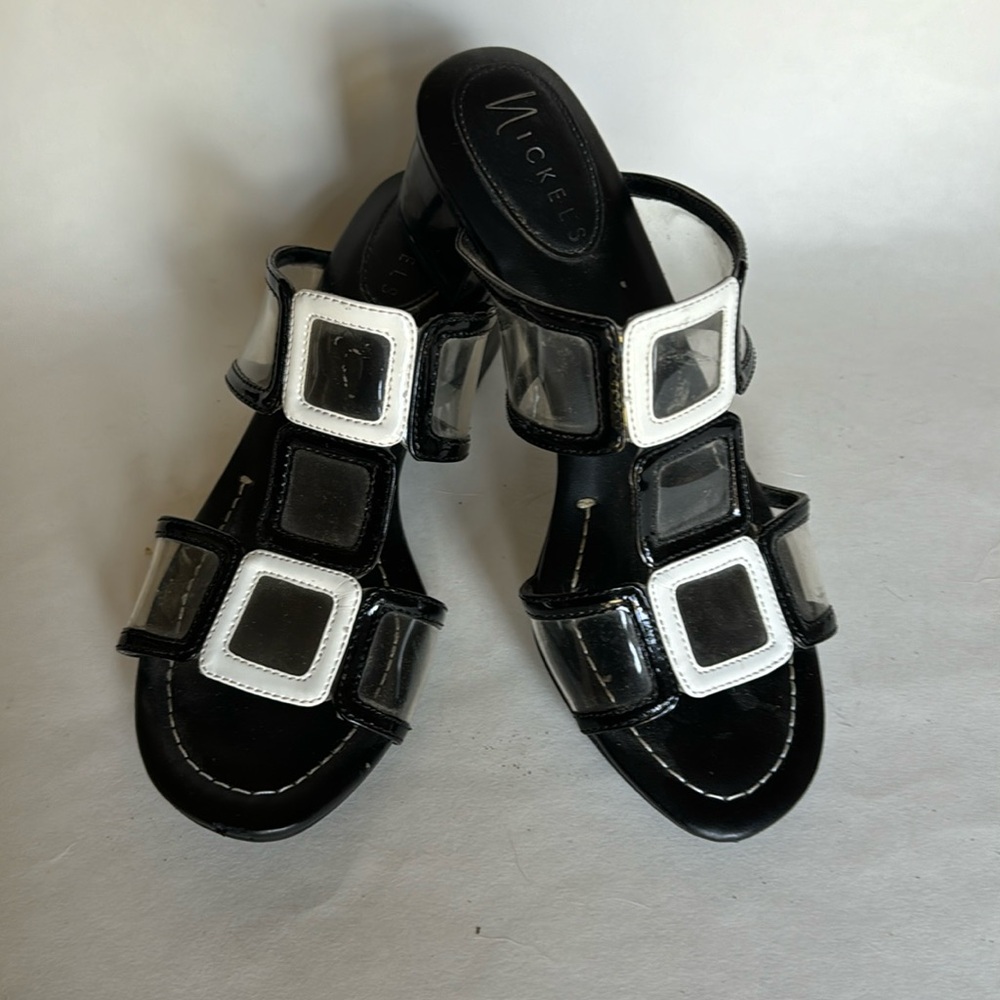 NICKELS “Lynx” Black White Go-Go Slip On Sandal Heels Shoes 6.5 $75 EUC Worn 1x